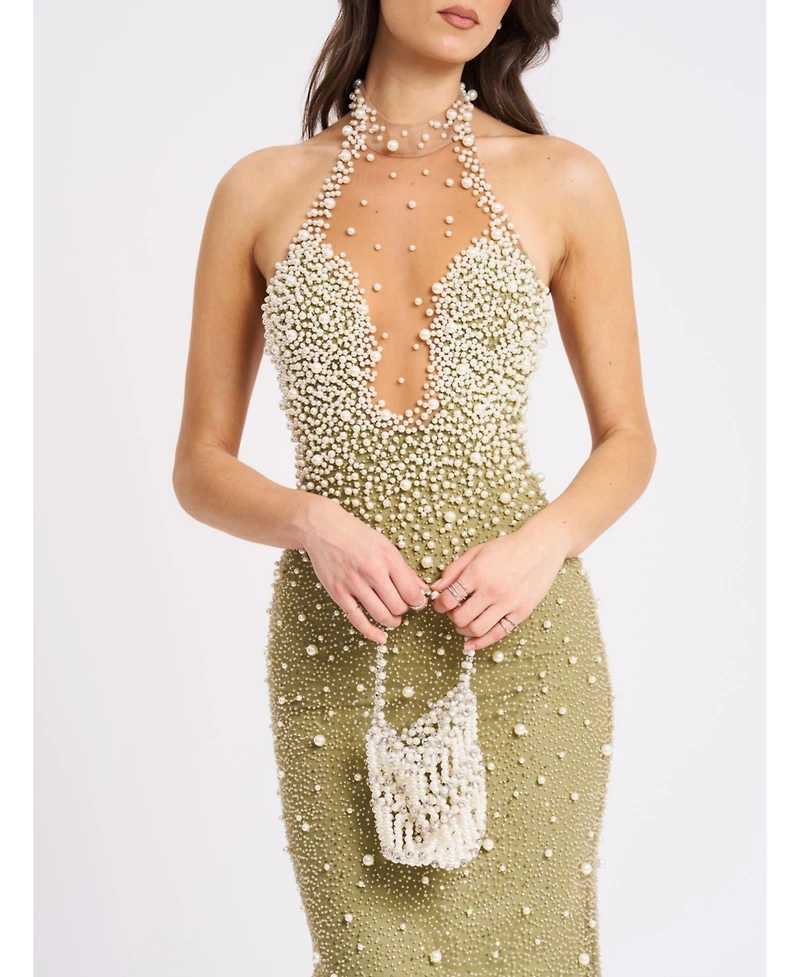 Miss Circle Women's Ginny Pear Green Pearl Embellished Backless Gown