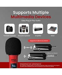 Pyle Portable Universal Wireless Microphone System, Uhf Quad Channel Addressable Frequency, Includes (4) Handheld Microphones (Red)