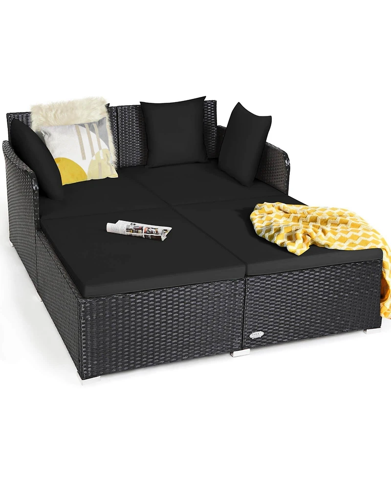 Outdoor Patio Rattan Daybed Thick Pillows Cushioned Sofa Furniture