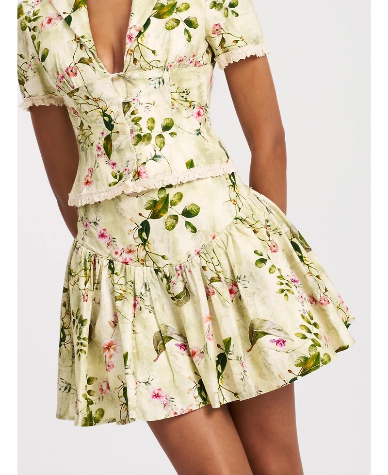 Miss Circle Women Zanelle Green Floral Print Drop Waist Linen Full Skirt