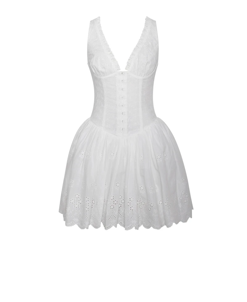 Miss Circle Women Aaliyah White Eyelet Plunging Halter Drop Waist Mini Dress