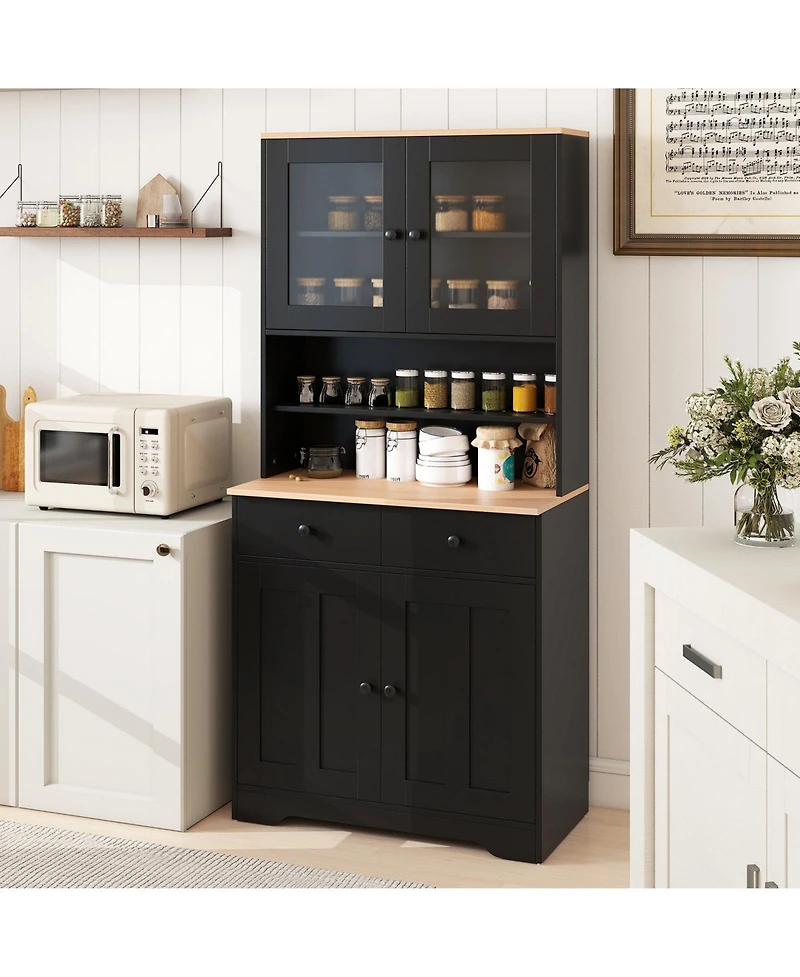 Gymax Pantry Cabinet 67'' Tall Kitchen Floor w/ 2 Removable Shelves Drawers