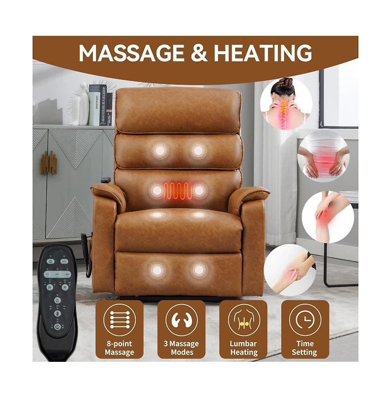 Grey Faux Leather Power Lift Chair with Heat, Massage & Dual Motor, Heavy Duty Recliner for Elderly with Remote-Maison Boucle