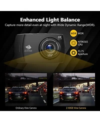 Z-edge T4 4K Dash Cam, 2K Front + 1080P Rear, 4 inch Touchscreen, Wdr Night Vision, G Sensor, Loop Recording, 24 Hour Parking Mode, Built in Wi Fi, Su