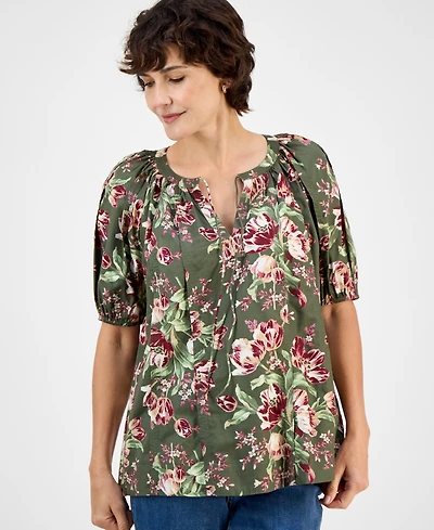 Style & Co Women's Printed Split-Neck Raglan-Sleeve Blouse, Macy's Exclusive