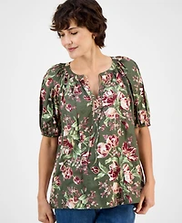 Style & Co Women's Printed Split-Neck Raglan-Sleeve Blouse, Macy's Exclusive
