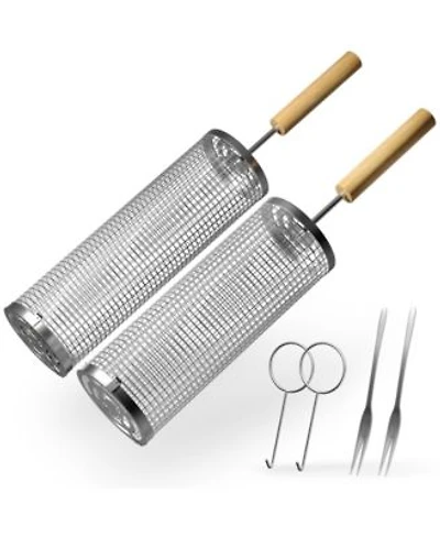 Sorbus 2 Pack Stainless Stee Rolling Grill Baskets With Removable Wooden Handle Bbq Outdoor Cooking Camping