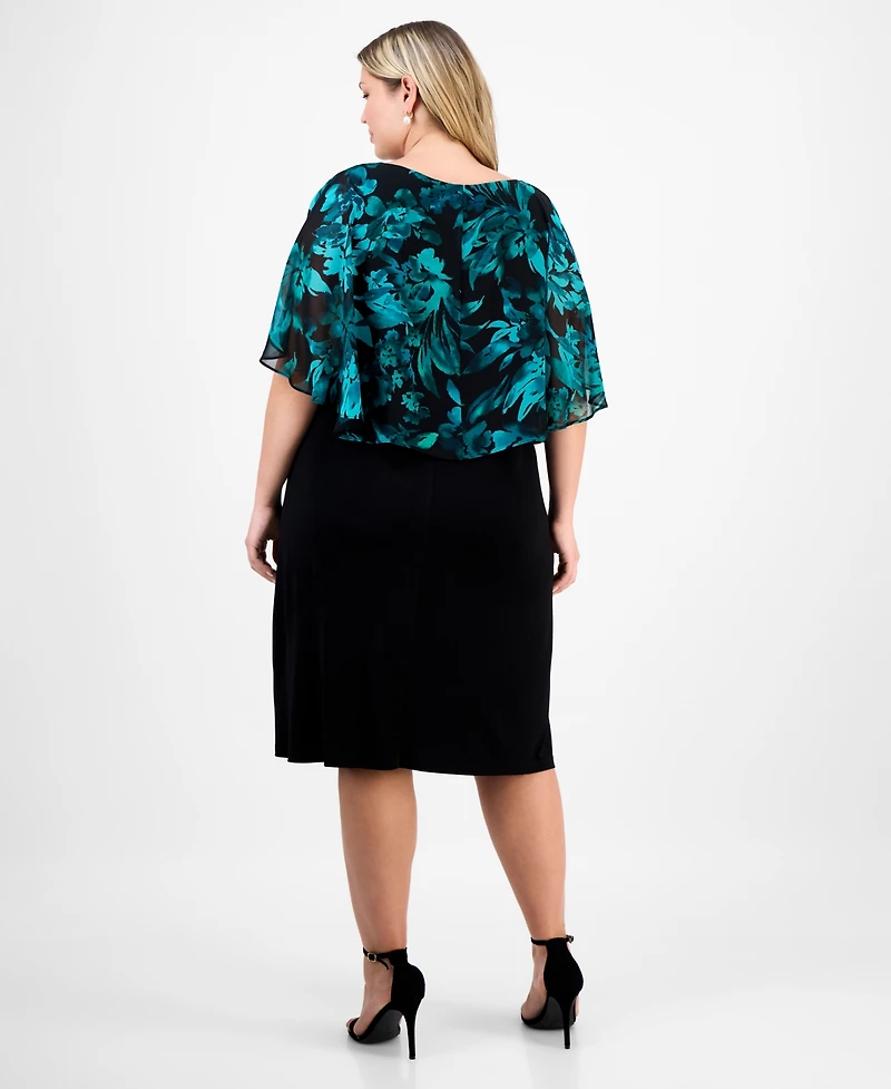 Connected Plus Short-Sleeve Cape Overlay Jersey Dress