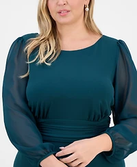Connected Plus Shirred-Waist Sheer-Sleeve Midi Dress