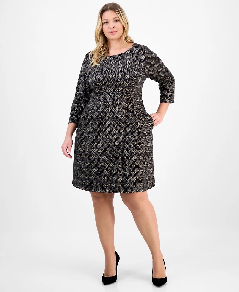 Connected Plus Knit Long-Sleeve Tuck-Front Fit & Flare Dress
