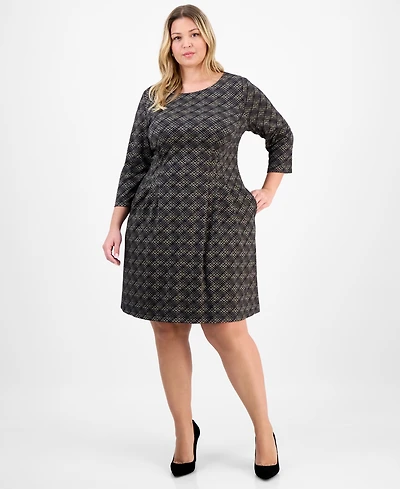 Connected Plus Knit Long-Sleeve Tuck-Front Fit & Flare Dress