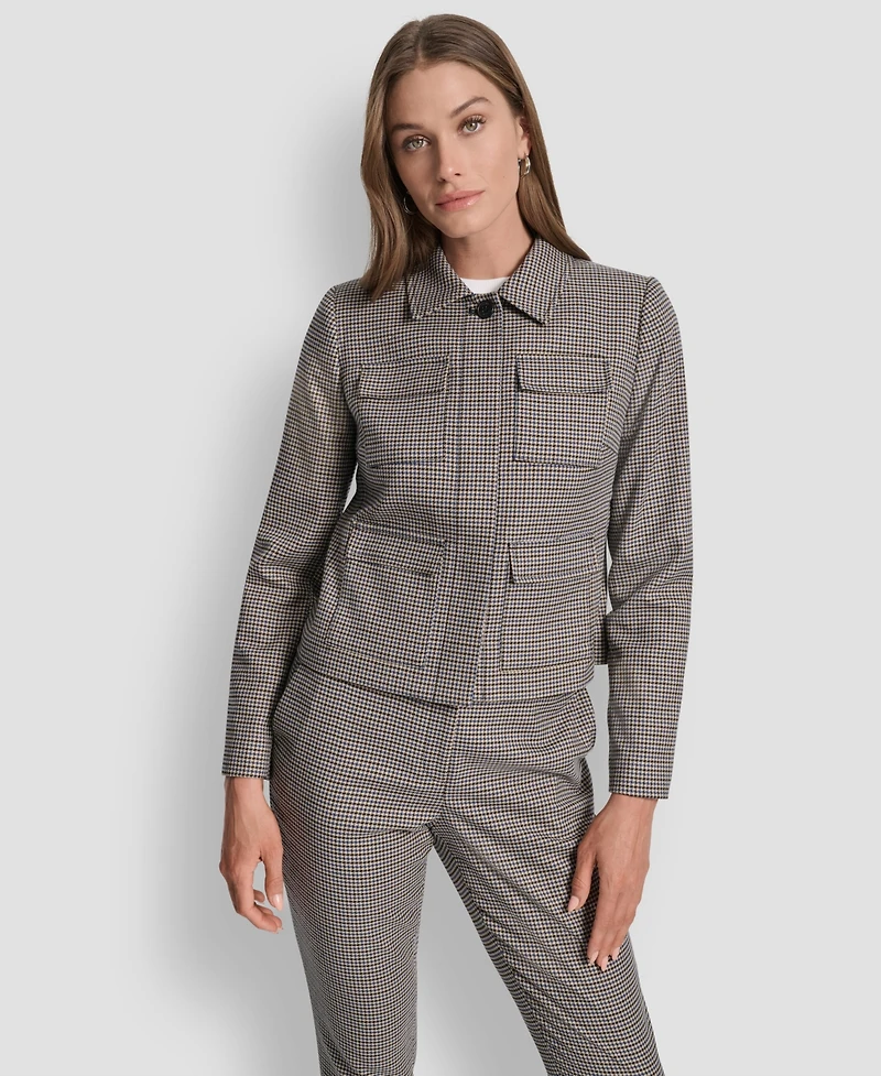 Dkny Petite Houndstooth Long Sleeve Trucker Jacket