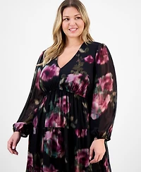 Robbie Bee Plus V-Neck Printed Chiffon Long-Sleeve Maxi Dress