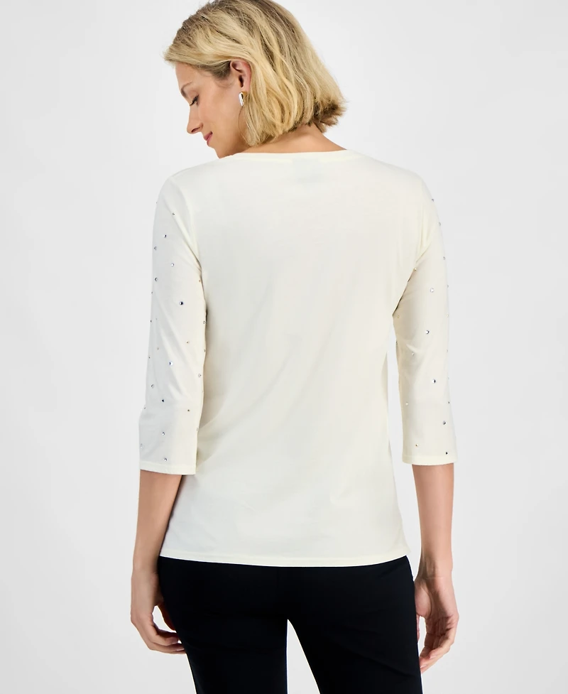Jm Collection Women's Rhinestone Embellished Cotton 3/4-Sleeve Top, Macy's Exclusive