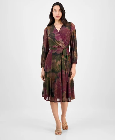 Robbie Bee Petite Long-Sleeve Printed Mesh Midi Dress