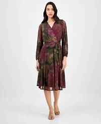 Robbie Bee Petite Long-Sleeve Printed Mesh Midi Dress