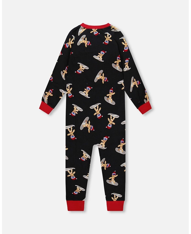 Deux par Boy Cotton Interlock One-Piece Pajama Black Cookie Print