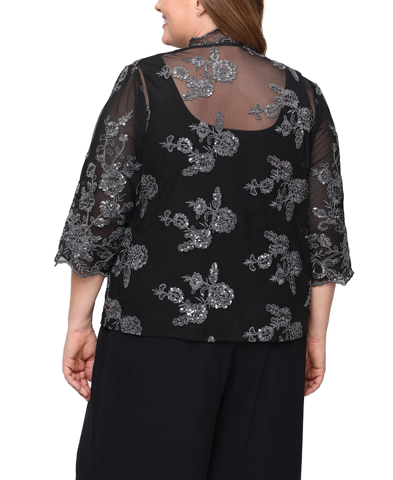 Alex Evenings Plus 3/4-Sleeve Embroidered Jacket and Tank Twinset