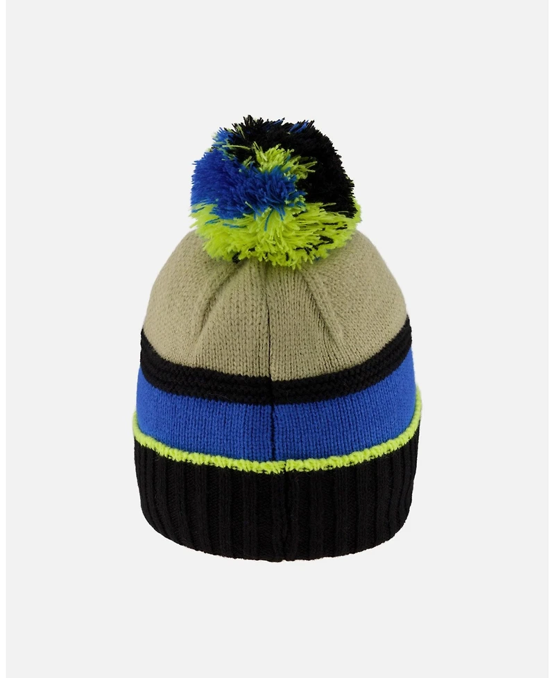 Deux par Boy Lined Knit Pompom Hat Black, Taupe and Lime Green - Toddler|Child