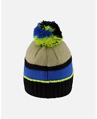 Deux par Boy Lined Knit Pompom Hat Black, Taupe and Lime Green - Toddler|Child