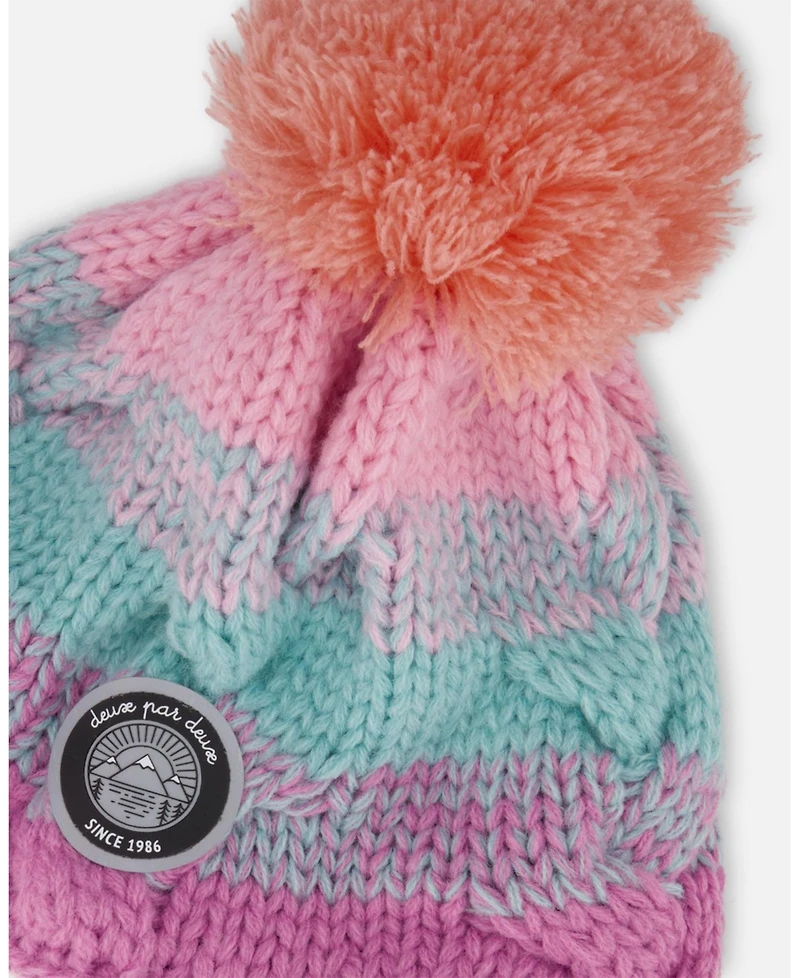 Deux par Girl Lined Peruvian Knit Pompom Hat Pink, Orange and Turquoise - Toddler|Child