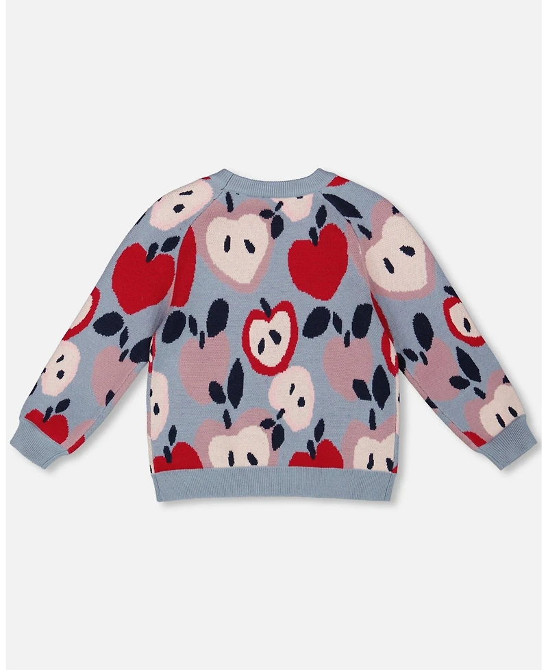 Deux par Big Girls Knit Sweater Blue and Red with Apple Heart Jacquard