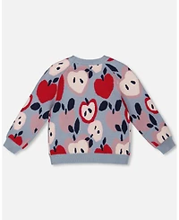 Deux par Big Girls Knit Sweater Blue and Red with Apple Heart Jacquard