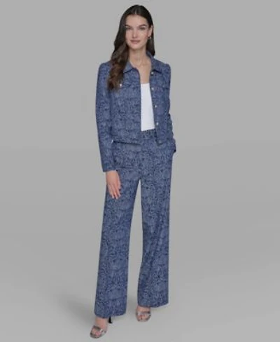 Karl Lagerfeld Paris Womens Printed Denim Button Front Jacket Wide Leg Pants