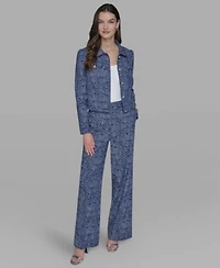 Karl Lagerfeld Paris Womens Printed Denim Button Front Jacket Wide Leg Pants