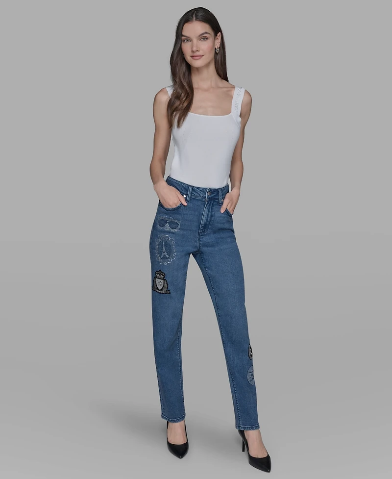 Karl Lagerfeld Paris Women's Patch Denim Straight-Leg Jeans