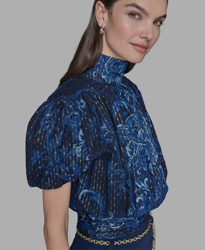 Karl Lagerfeld Paris Women's Metallic Printed Puff-Sleeve Top