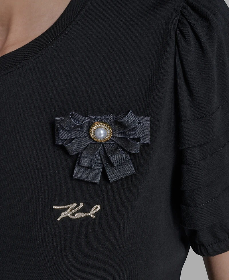 Karl Lagerfeld Paris Women's K-Pin Puff-Sleeve Crewneck Top