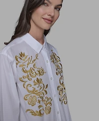 Karl Lagerfeld Paris Women's Cotton Embroidered Button-Front Top