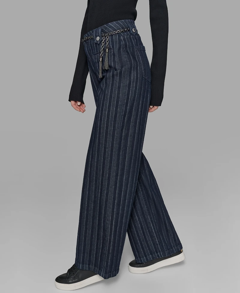 Karl Lagerfeld Paris Women's Striped Denim Belted Wide-Leg Pants