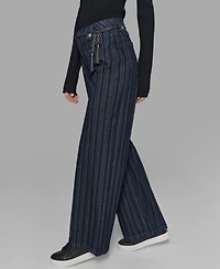 Karl Lagerfeld Paris Women's Striped Denim Belted Wide-Leg Pants