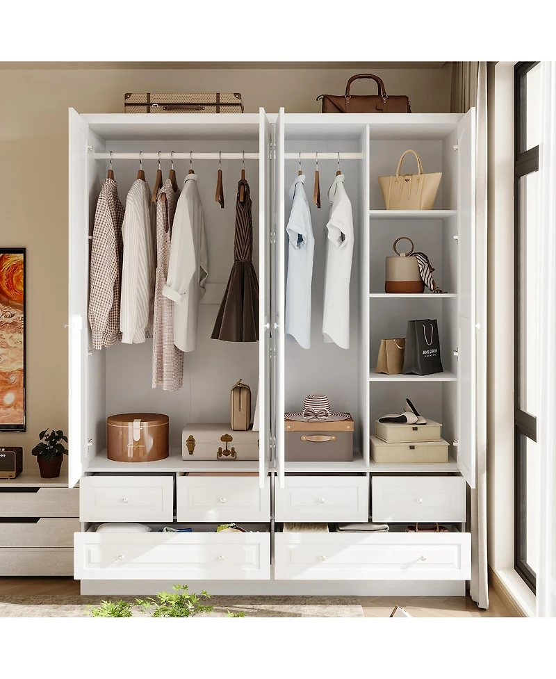 Homsee Luxury white 4-door 6-drawer wardrobe with mirror, bedroom Armoire, Closet