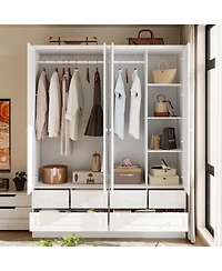 Homsee Luxury white 4-door 6-drawer wardrobe with mirror, bedroom Armoire, Closet
