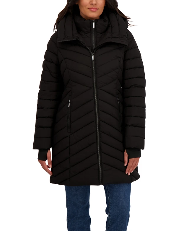 Sebby Collection Women's 3/4 Hooded Stretch Puffer with Bib at