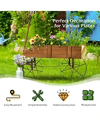 Gymax Garden Plant Planter Wooden Wagon W/ Wheel Yard