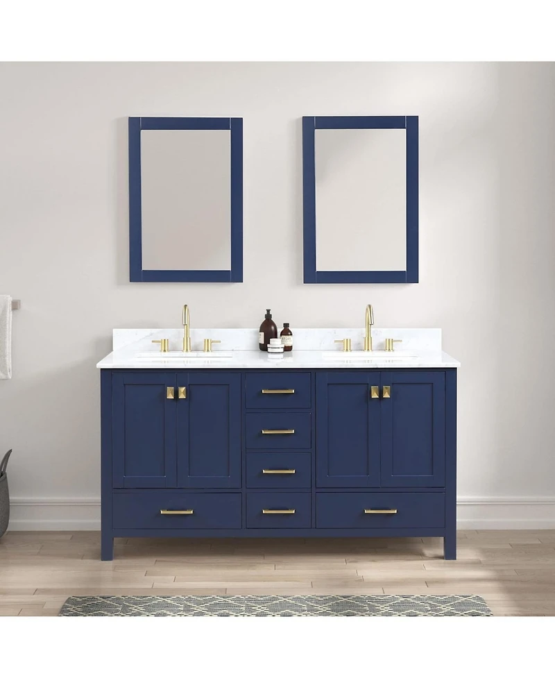 Vanirror Geneva 60-Inch Double Bathroom Vanity in Navy Blue – Solid Wood Cabinet with Marble Countertop and Ceramic Undermount Sink