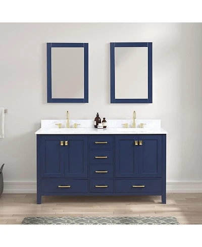 Vanirror Geneva 60-Inch Double Bathroom Vanity in Navy Blue – Solid Wood Cabinet with Marble Countertop and Ceramic Undermount Sink