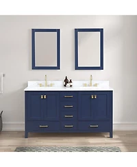 Vanirror Geneva 60-Inch Double Bathroom Vanity in Navy Blue – Solid Wood Cabinet with Marble Countertop and Ceramic Undermount Sink