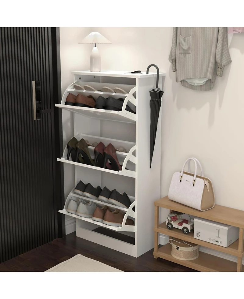 Vanirror Modern 3 Flip Drawers Shoe Cabinet - 3-Tier Wooden White Freestanding Narrow Entryway Hidden Shoe Organizer