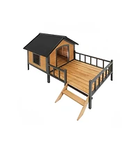 Aostirmotor 67 in. Wooden Dog House Dog Kennel with All-Around Iron Frame and Porch in Natural