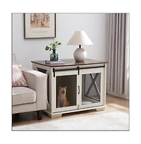 Aostirmotor White Farmhouse Dog Kennel End Table with Barn Door Flip Top and Divider