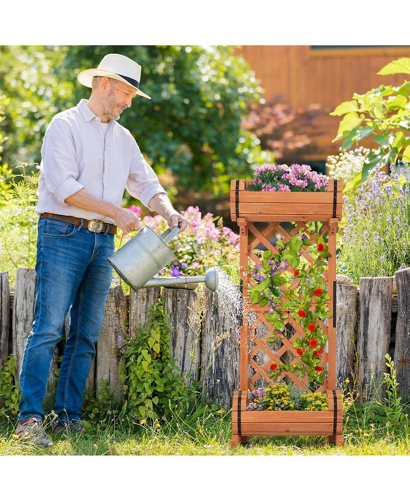 Gymax 2-Tier Raised Planter Garden Wooden Bed w/ 2 Cylindrical Planter Boxes