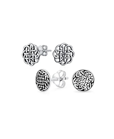 Bling Jewelry Set of 2 Small Floral Medallion Shield Celtic Knot Stud Earrings Oxidized Silver