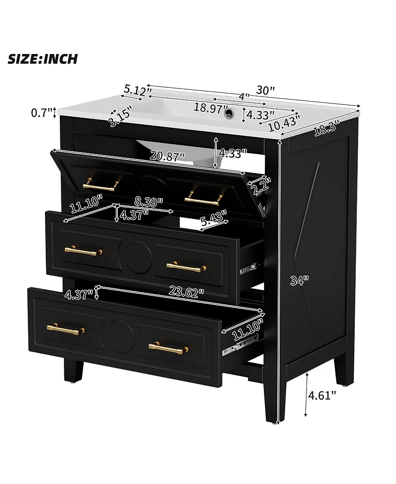 Casainc 30" Freestanding Vanity With Ceramic Sink Combo and 3 Drawers, Solid Wood Frame
