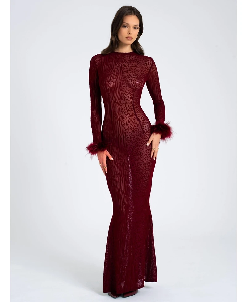 Miss Circle Women's Patricia Burgundy Leopard Burnout Velvet Mesh Backless Maxi Dress