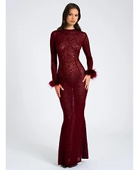 Miss Circle Women's Patricia Burgundy Leopard Burnout Velvet Mesh Backless Maxi Dress